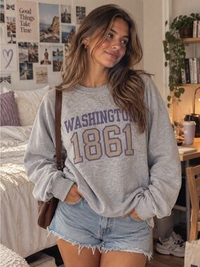 Anthropologie Light Gray Crewneck Sweatshirt with Purple & Tan Print